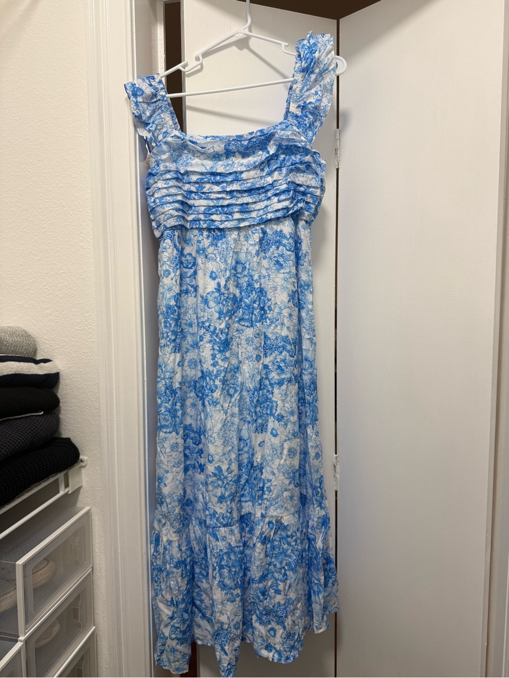 Altar'd State Blue and White Floral Maxi Dress with Ruffled Bodice